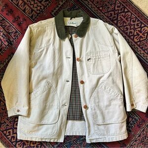 Vintage L.L. Bean Cream Canvas Field Chore Coat with Olive Corduroy Collar